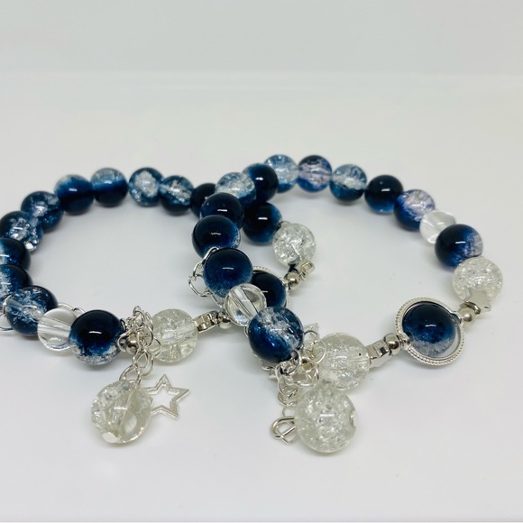 (2 pcs) Elegant Blue and Silver Beaded Bracelet Set | Blue Marble Bracelet - Picture 2 of 7